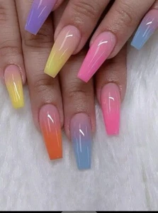 Long Coffin Press-On Nails Set – 24 Pcs Rainbow Gradient False Nails - Picture 1 of 5
