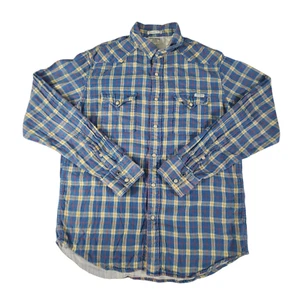 Camisa de franela Lucky Brand para hombre mediana azul/amarillo a cuadros ajuste clásico perla a presión - Imagen 1 de 8