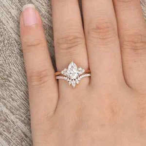 2.50Ct Pear Natural Moissanite Bridal Engagement Ring Set 14K Rose Gold Plated - Picture 1 of 9