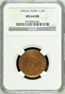British India 1941 Calcutta 1/4 Anna NGC MS 64 RB - Picture 1 of 2