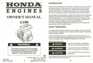 Honda G100 Engine Owners Manual - Picture 1 of 1