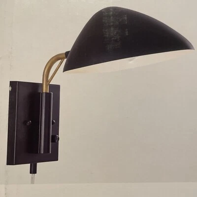 Kichler Rico Plug-in Wall Sconce, Swing Arm, Matte Blk & Brass Light - MCM Style - Image 1 of 4
