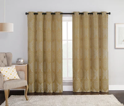 Gold Single Jacquard Grommet Window Curtain Panel: Floral Medallion Design - Image 1 of 2