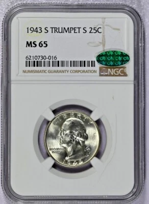 1943-S NGC MS65 Trumpet S Washington Quarter with CAC Label-Only 8 Graded higher - Image 1 of 3