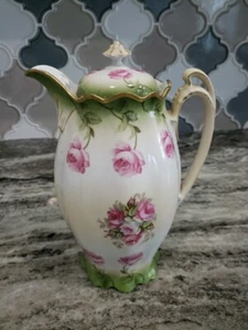 RARE Antique MZ Austria Altrohlau 1000 Lided Pitcher Large Pink Roses Green Vine - Picture 1 of 24