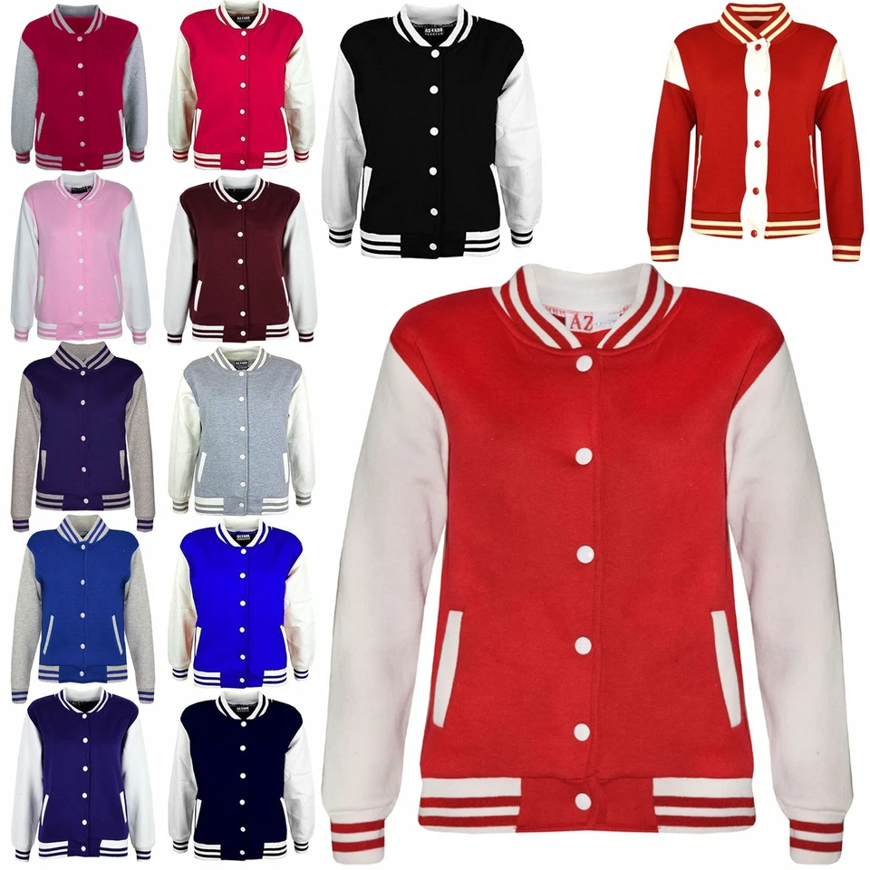 Kids Boys Girls Baseball Jacket Varsity Plain Style School Jacket Top 2-13 Years - Image 1 of 2
