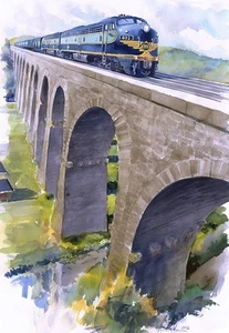 Tarjetas de notas de arte ferroviario Erie Railroad #833 Streamliner High on Starrucca, PA. - Imagen 1 de 2
