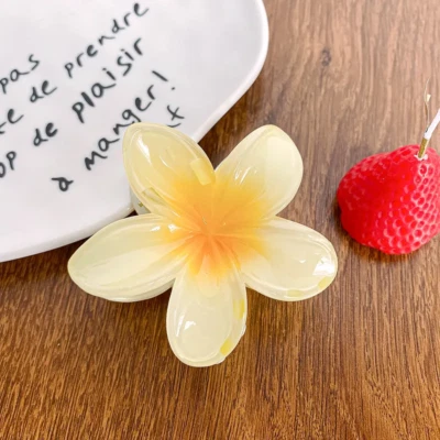 Hawaiian Claw Clips for Thick Hair, Yellow Flower Hair Clips Large Plumeria - Image 1 of 4
