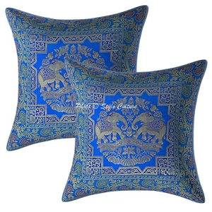 Blue Cushion Cover Brocade Jacquard Gypsy Bohemian Elephant Tribal Hippie Pillow - Picture 1 of 6