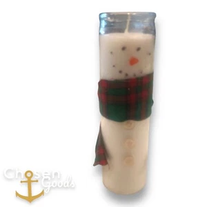 Classic White Candle In Glass 8 Inch Tall With A Winter Twist Snowman With Scarf - Picture 1 of 4