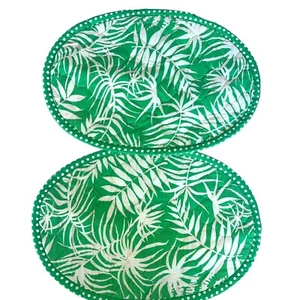 2 Handmade Green Palm Tropical & Polka Dot Kitchen Placemats Quilted Oval Retro - Picture 1 of 4