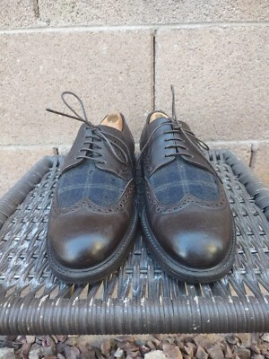 Sapato Oxford Ermenegildo Zegna Ponta de Asa EUA 9 Couro Marrom e Xadrez Itália - Imagem 1 de 4