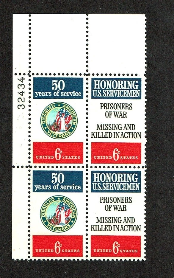 1970 U.S. COMMEM  6c D.A.V. SERVICEMEN   Plt#Blk of 4 Sc#1421-2  M/NH/OG GEM! - Image 1 of 1