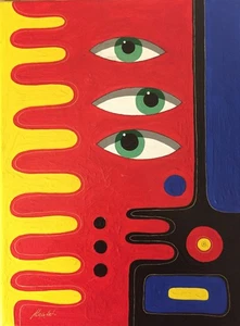 Original Painting Acrylic Canvas 16x12" Eye Abstract Red Blue Yellow Design Art - Picture 1 of 2