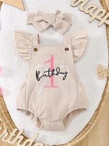 π Baby Girl 1st Birthday Outfit Cake Smash Photoshoot Stone Bodysuit Embroidery - Picture 1 of 8