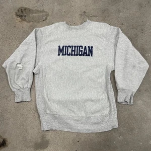 Felpa grigia vintage anni 80 Champion Reverse Weave Michigan taglia XL - Foto 1 di 6