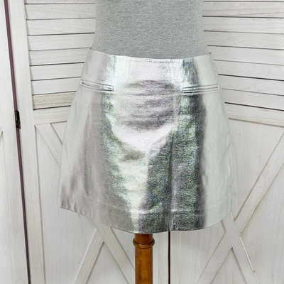J. Crew Skirt Women 2 Metallic Silver Faux Leather A Line Mini Moto Party Shiny - Image 1 of 4