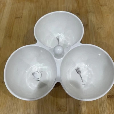 HTF RAE DUNN WHT MELAMINE CONDIMENT DIPPING 3 COMPARTMENT TRAY FLIP/SIMMER/BEAT* - Image 1 of 4