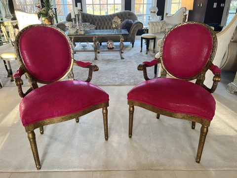Vintage French Louis XVI Style Gold Giltwood Hot Pink Arm Chairs - a Pair Croc Cover