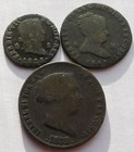 3 Spain Coins, 1828 2 Maravedis, 1847 4 Maravedis, 1859 25 Real Cents, Espana