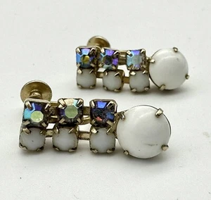 Vintage Milk Glass & Crystal Earrings Screw Backs 1” Long - Picture 1 of 5