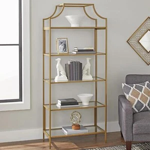 Glam Gold Satin 5 Shelf Metal Etagere Bookcase Display Stand With Glass Shelving - Picture 1 of 22