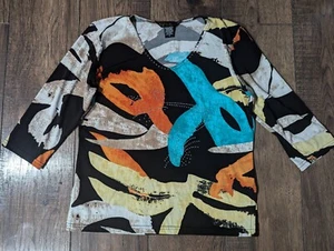 Valentina Women's Orange Blue Colorful Rayon Stretch Blouse Rhinestones Small - Picture 1 of 15