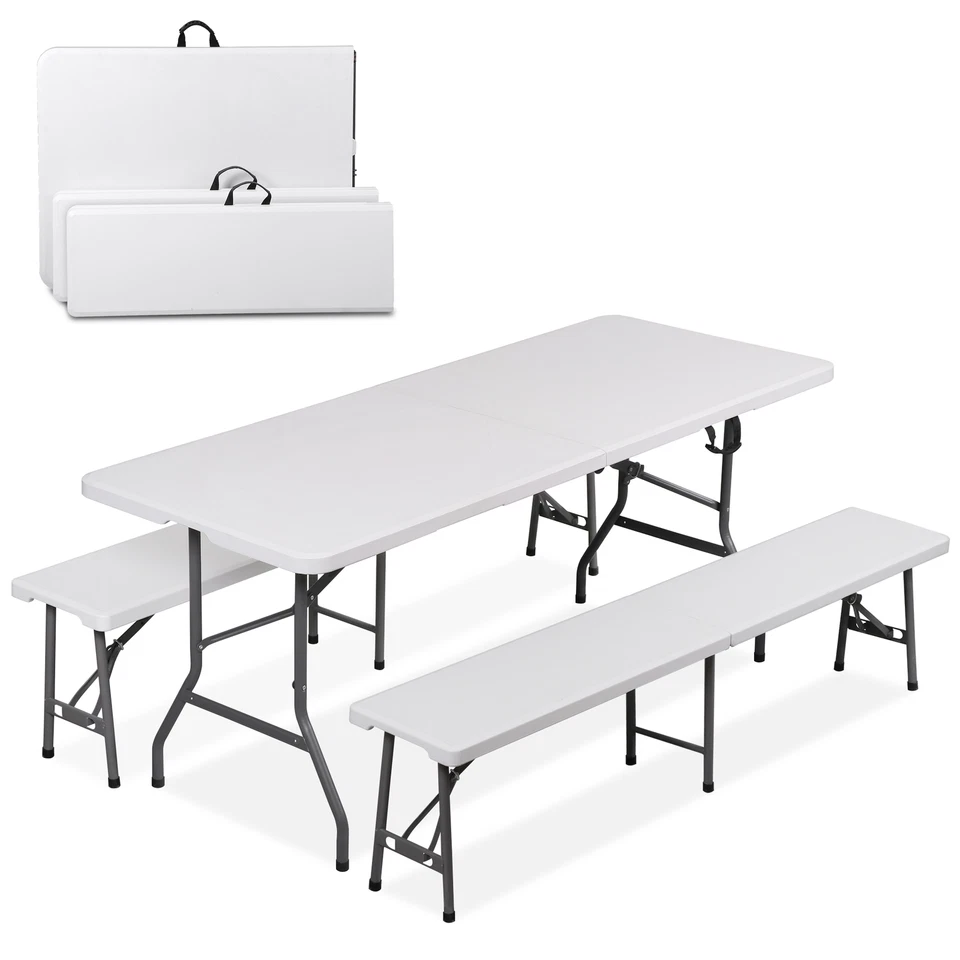 3-Piece Set 2 Folding Benches and 6FT Folding Table for Indoor Outdoor Use White - Image 1 of 4