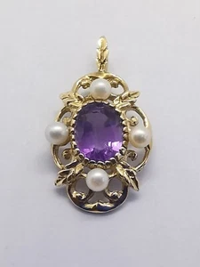 9ct 375 yellow GOLD PURPLE AMETHYST SIMULATED PEARL FANCY PENDANT 15x28mm 2.3g - Picture 1 of 12