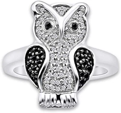 Owl Ring 1/4ct Round Cut White & Black Real Diamond 925 Sterling Silver - Image 1 of 4