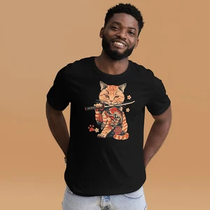 Japanese Samurai Ninja Cat Shirt Yakuza Tattoo Cat T-Shirt - Picture 1 of 4