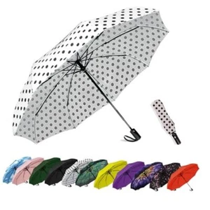 Windproof Travel Compact Umbrella-Automatic 42 Inch-1 Pack White Polka Dots - Picture 1 of 7