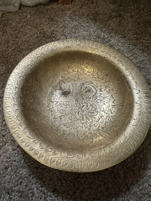 复古黄铜灯座碗手工雕刻蚀刻镶嵌图案印度 8 英寸 DX2.5 英寸高 — 第 1/4 张图片