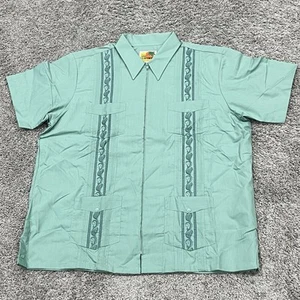 Haband Guayabera Shirt Mens Large Green Embroidered Zip Cuban Mexican Camp - Picture 1 of 20