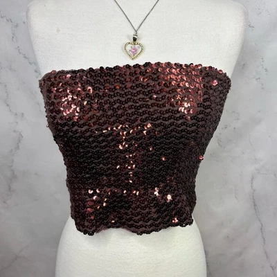Vintage 1980s 90s Copper Brown Disco Sequin Tube Top Crop Top sz S USA Retro - Image 1 of 4
