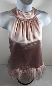 Women’s Endless Rose Feather Trim Satin Halter Top In Pastel Pink Size L - Picture 1 of 9