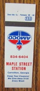 MAPLE STREET AMOCO TANKSTELLE STREICHHOLZSCHACHTEL MATCHCOVER: CARROLLTON, GEORGIEN -D1 - Bild 1 von 1