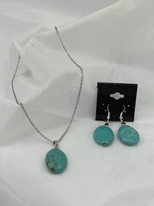 Natural Turquoise Gemstone Oval Pendant On Chain and Dangle Earrings Set - Picture 1 of 1
