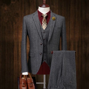 Tuta uomo grigio antracite spina di pesce tweed check retrò ballo smoking matrimonio personalizzata - Foto 1 di 12