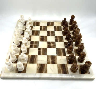 Juego de Ajedrez Vintage Marrón y Blanco Todo Mármol Piedra Cuadrado Pesado Daños Foto 1 de 4