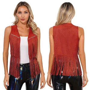 Women^Tassel Fringe Western Cowboy Cowgirl Waistcoat Hippie Costume Jacket Vest - Picture 1 of 80