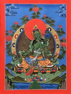 GRÜNE TARA MUTTERGÖTTIN ORIGINAL MEISTERWERK TIBETISCHES THANGKA GEMÄLDE - Bild 1 von 8