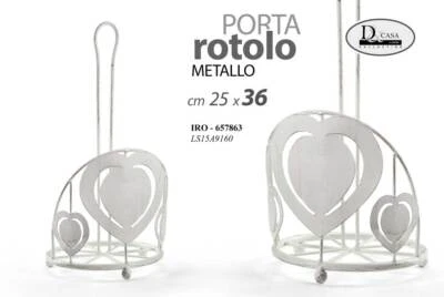 PORTA ROTOLO CUCINA CUORE 36 CM CARTA TAVOLA METALLO BIANCO SHABBY CHIC - Immagine 1 di 2