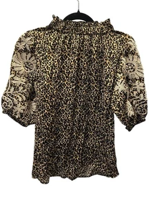 THML besticktes Blumen Puff Top Animal Print braun Gr. Small Anthropologie - Bild 1 von 5