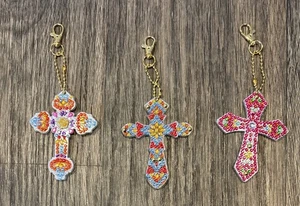 Completed Double Sided Diamond Art Cross Keychains  Lot Of 3 Gift Idea - Picture 1 of 4