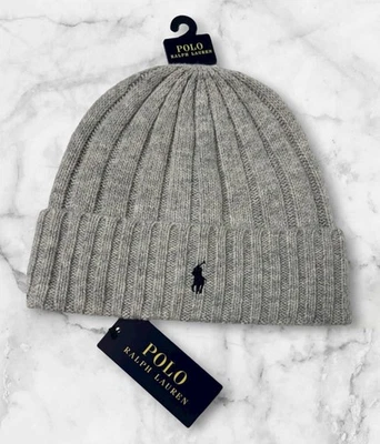 Polo RALPH LAUREN Logo Pony Gray WOOL Knit Cuffed Beanie HAT Cap Mens NWT - Image 1 of 4