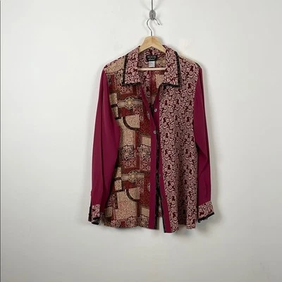 Camisa manga larga con botones Koos Of Course para mujer L seda borgoña bloques de colores Foto 1 de 4