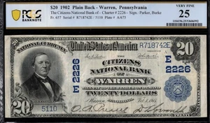 1902 $20 THE CITIZENS NB OF WARREN PA - Picture 1 of 3