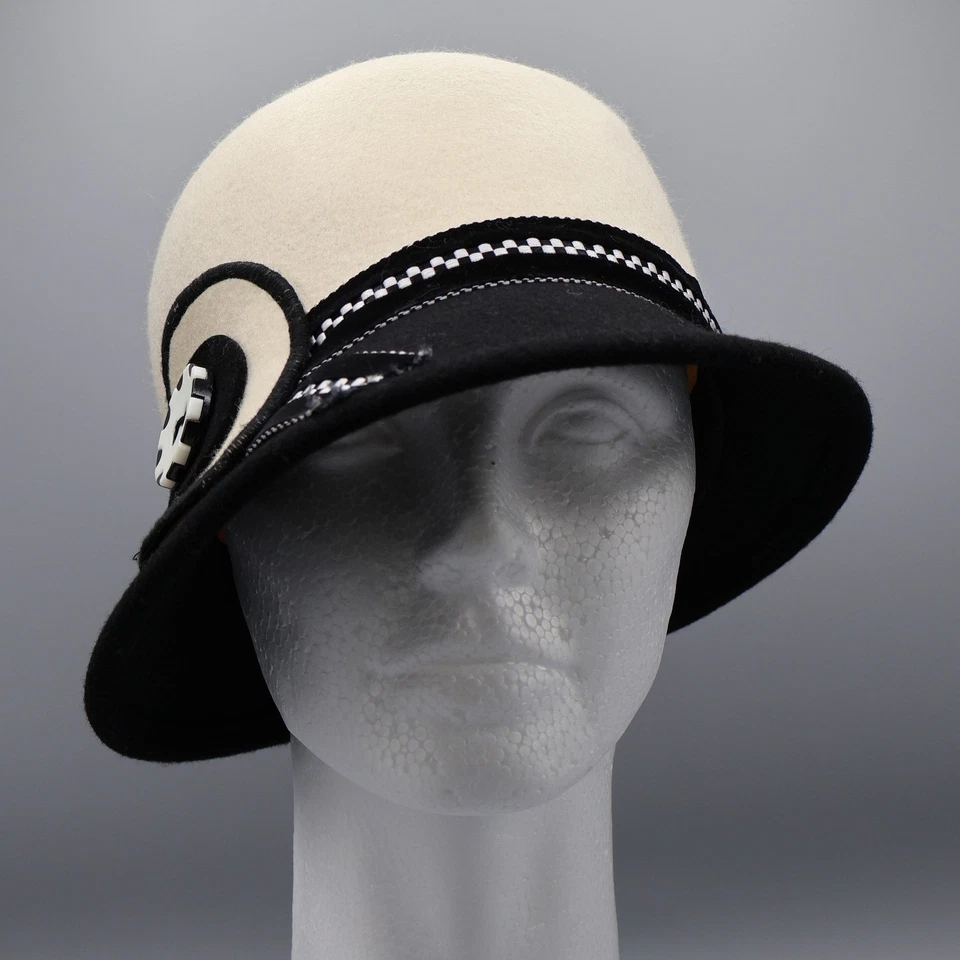 Sombrero Cloche de Lana Pura para Mujer Negro Crema Downton Abbey Estilo Aleta Cubo Twee Foto 1 de 4
