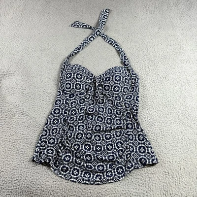 Merona Womens Backless Halter Padded Tankini Top Blue White Medallion Size L - Image 1 of 4